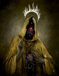 a painting of a person in a yellow robe holding a heart with flames coming out of it