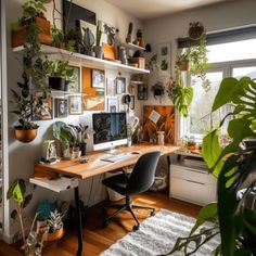 a home office with lots of plants on the desk and shelves in front of it