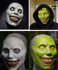 four different pictures of the same person in their halloween costumes, one wearing a green mask