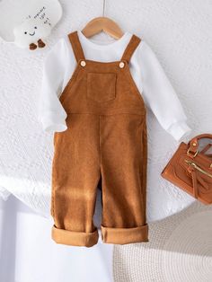 Newborn Baby Girl Autumn/Winter Cute Knit Long Sleeve Top And Corduroy Bib Pants Set Rust Brown   Sleeveless Woven Fabric Plain Overall Non-Stretch  Baby Girls Clothing, size features are:Bust: ,Length: ,Sleeve Length: Pink Baby Girl, Striped Long Sleeve Shirt, Long Sleeve Knit Tops, Inspiration Mode, Girls Clothing, Striped Long Sleeve