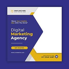 a blue and yellow flyer with the words digital marketing agency written in white on it