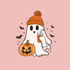 a ghost with a drink in its hand and a jack - o'- lantern