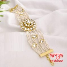 Sakshi Bridal Kundan Bracelet with Pearls in 2.4,2.6 2.8 Jadau Bracelet, Kundan Bracelet, Bracelet With Pearls, Light Weight Jewelry, Gold Polish, Gold Set, Gold Jewelry Fashion, Pearl White, Fashion Boutique