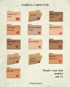 several pieces of brown paper with red hearts on them and some words that read,'emalls i cant send tracklist july 15 '