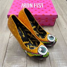 Iron Fist Cycloburger Platform Heels. Burger Print. Slip On Heels. Approx Measurements 1” Platform And 4.5” Heel. New In Box. Size 5. Iron Fist Shoes, Slip On Heels, Diy Clothes Design, Platform Stilettos, Peep Toe Shoes, Platform Slides, Iron Fist, Platform Pumps, Designer Heels