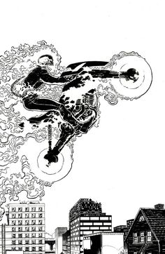 a black and white drawing of a man flying through the air with buildings in the background