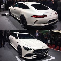 two pictures of the same car on display at an auto show, one is white and the other is black