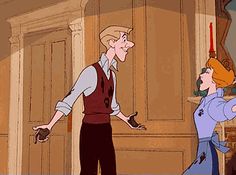 an animated image of a man and woman talking to each other in front of a door