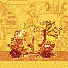 an orange and yellow background with a scooter