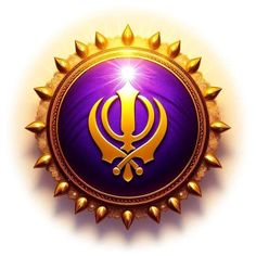 a shiny gold and purple badge with the symbol of sikh on it