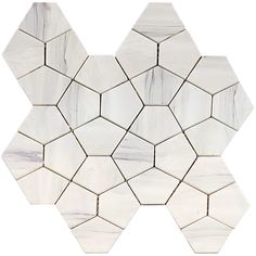 a white marble hexagonal tile pattern on a white background with grey and black lines