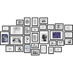 a black and white wall with many pictures on it