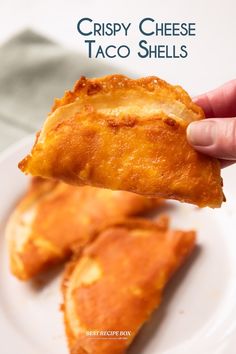 crispy cheese taco shells on a white plate with text overlay that reads crispy cheese taco shells