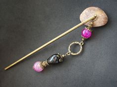 * Stick length: see last photo, also info below * Length of beaded part: 10cm / 3.9" * Used bead: pink agate, black onyx * Bead size: 10mm, 12mm, 18mm / 0.4", 0.47", 0.7" > Metal stick [short] - 12.5cm / 4.9" > Metal stick [long] - 15cm / 5.9" > Wooden stick - 17.7cm / 7" Lead and nickel free.  ✿ CARE INSTRUCTIONS ► Hold your hair stick firmly while using, as dropping your hair stick on a hard surface may cause damage to beads or the whole beaded end.  ► While inserting and removing your hair st Chinese Hair Sticks Style, Japanese Hairstick, Japanese Hair Stick, Metal Hair Sticks, Pink Japanese Hairpin, Hair Slide, Pink Agate, Onyx Bead, Metallic Hair