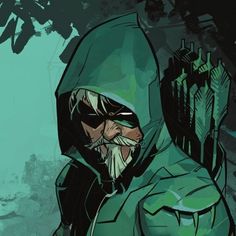 the green arrow character is standing in front of a tree and looking down at something