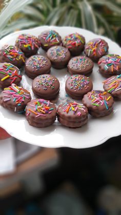 chocolate covered cookies with sprinkles are on a white plate next to a pineapple