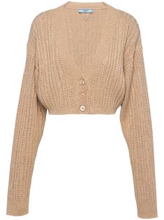 camel brown cashmere ribbed knit rhinestone embellishment V-neck front button fastening long sleeves cropped Prada Knitwear, Prada Cardigan, Embellished Cardigan, Colored Cardigans, Champagne Color, Cashmere Cardigan, Knitwear Cardigan, Knitwear Women, Cardigans For Women