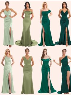 different styles of dresses for women in various colors and sizes, all with high slits