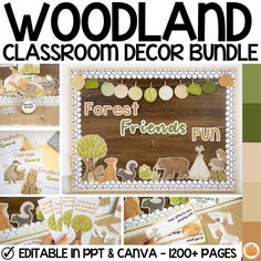 the woodland classroom decor bundle is shown with pictures and instructions to make it look like they are