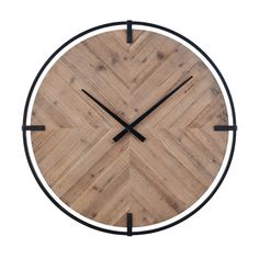 a clock made out of wood with black hands and numbers on the face is shown