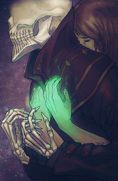 a drawing of a man holding his hands in front of a skull and green light