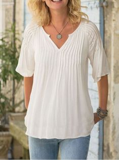 Title: Casual Plain V Neck Loose Top QMN8 Clothes Length:Regular Sleeve Length:Half sleeve Edition type:Loose Elasticity:No Elasticity Silhouette:H-Line Thickness:Regular Size Type:Regular Size Material:Polyester Activity:Daily Neckline:V neck Pattern:Plain Style:Casual Theme:Summer Color:White Size:S,M,L,XL,XXL Size Chart Size Shoulder Length cm inch cm inch S 41 16.1 66 26 M 42 16.5 68 26.8 L 43 16.9 70 27.6 XL 44 17.3 72 28.3 XXL 45 17.7 74 29.1 Bohemian Style Solid Short Sleeve Top, Bohemian Short Sleeve Solid Top, Bohemian Style Solid Color Top With Short Sleeves, Bohemian Short Sleeve Top, Bohemian Style Relaxed Fit Tops, Bohemian Relaxed Fit Top, Older Women Fashion, Loose Top, Over 50 Womens Fashion