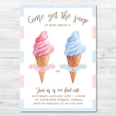 two ice cream cones with pink and blue icing are on the front of this baby shower