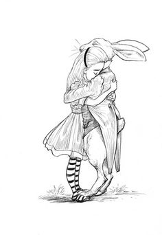 a drawing of a rabbit hugging a woman in a dress and striped stockings with her arms around her neck