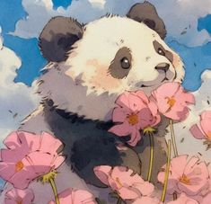 a painting of a panda holding pink flowers