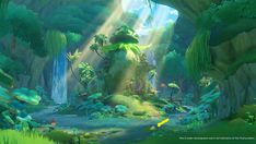 an animated scene with trees and plants in the middle of a forest, surrounded by sunlight beams