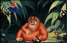 an image of a monkey in the jungle with birds around him and another bird on his shoulder