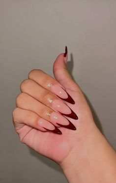 burgundy fall nails oval shape french tip autumn dark wine nails Wine French Tip Nails Almond, Burgundy Pointy Nails, Burgundy Stiletto Nails Design, Oval Shape French Tip, Stiletto Nails Autumn, Burgundy Nails Almond Shape, Maroon French Nails, Burgundy Long Nails, Burgundy Nails French Tips