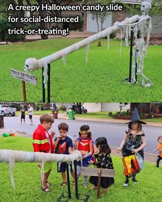 children dressed up in halloween costumes standing next to a fence