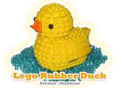 a yellow lego rubber duck sitting on top of some blue plastic debris with the words lego rubber duck above it