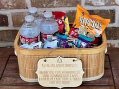 Delivery Treat Signs - Zeman Woodcrafts Gifts For Delivery People, Delivery Driver Snack Basket, Snack Basket, Engraved Wood Signs, Appreciation Ideas, Delivery Truck, Truck Signs, Delivery Driver, Postal Worker