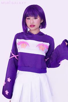 [Purple] Starry Eyes Hooded Crop sweater — Mori Galaxy Pixel Galaxy, Galaxy Outfit, Kawaii Sweater, Starry Eyes, Stars Space, Galaxy Fashion, Cute Dress Outfits, Fashion Journals, Pastel Fashion