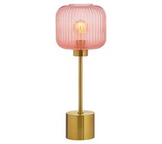 a pink glass lamp on a gold base