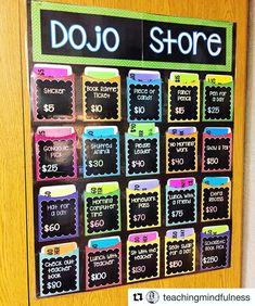 a bulletin board with different price tags on it and the words dojo store written in black