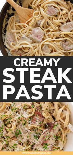 creamy steak pasta in a skillet with parmesan cheese