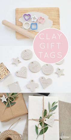 clay gift tags are tied with twine and placed next to some crafting supplies