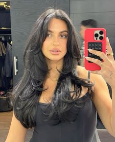 Black Gloss Hair Color, Long Black Hair With Layers Balayage, Layers And Angles Long Hair, Victoria Fuller Hair, V Shaped Haircut With Face Frame, Front Angles Medium Hair, Fivehead Hairstyles, Kayla Kosuga Hair, Medium Black Layered Hair