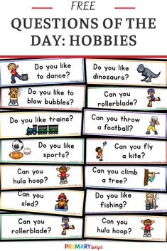 four questions for the day hobbies with text that says, do you like to blow bubbles?