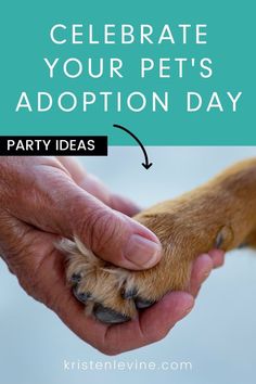 a person holding their dog's paw with the words celebrate your pet's adoption day