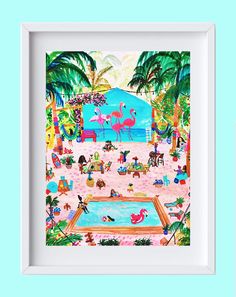 a painting with flamingos on the beach in front of palm trees and people sitting around