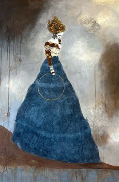 an abstract painting of a woman in a blue dress with a gold circle around her neck