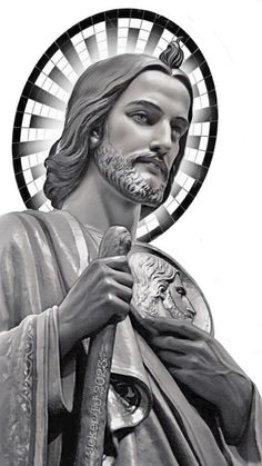 the statue of jesus is shown in black and white