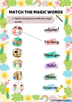 a poster with words and pictures on it that say, match the magic words in different languages