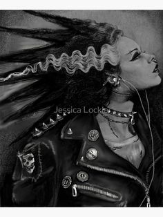 a black and white drawing of a woman with dreadlocks on her head, wearing a leather jacket