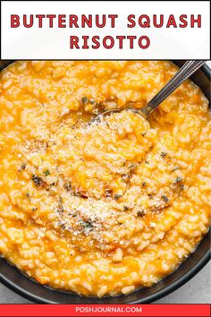 a bowl of butternut squash risotto with a spoon in it and text overlay that reads butternut squash risotto