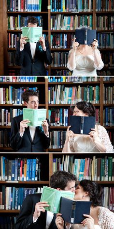 the man and woman are reading books together in front of a book shelf full of books